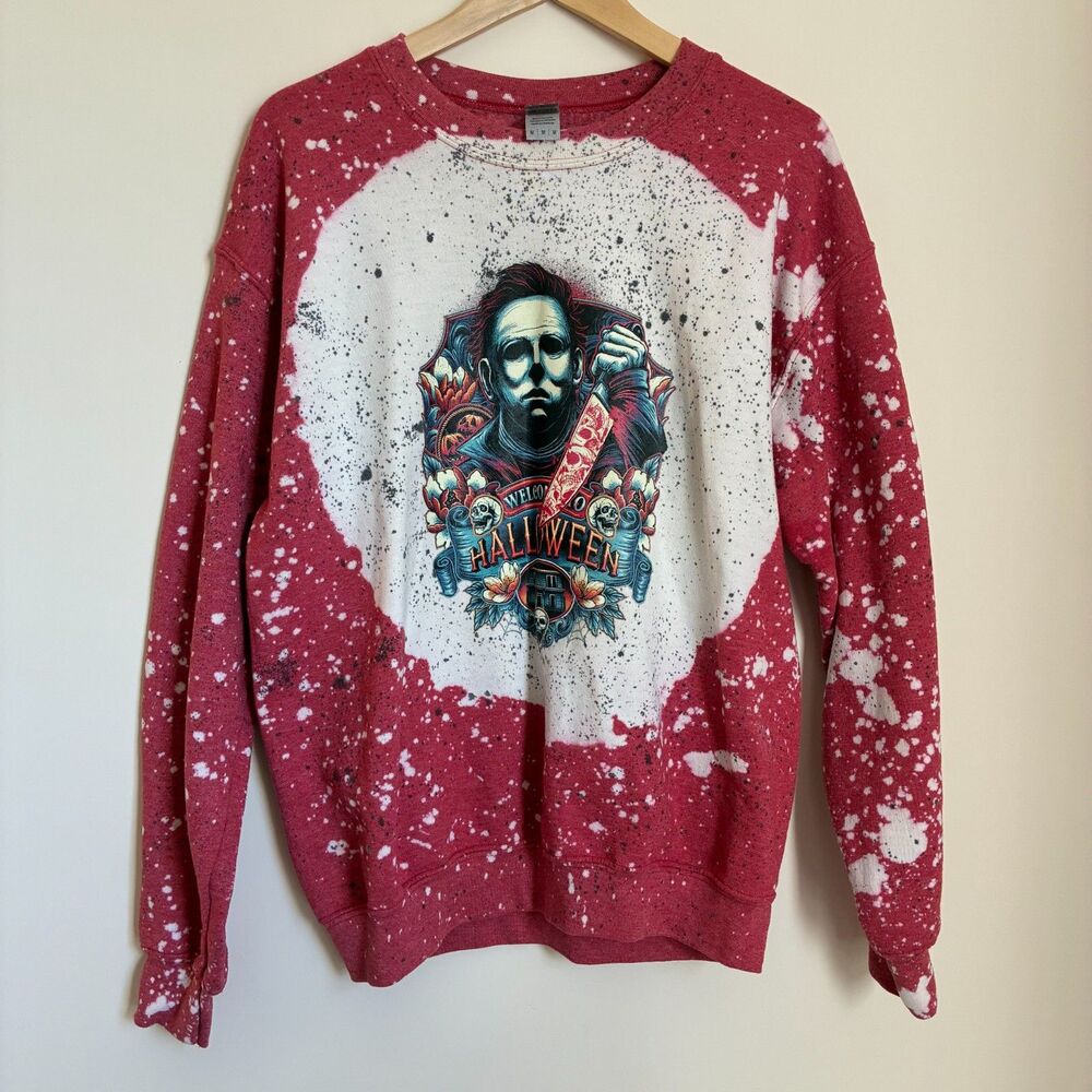 Custom red Michael Myers "Halloween" sweatshirt features a distressed M